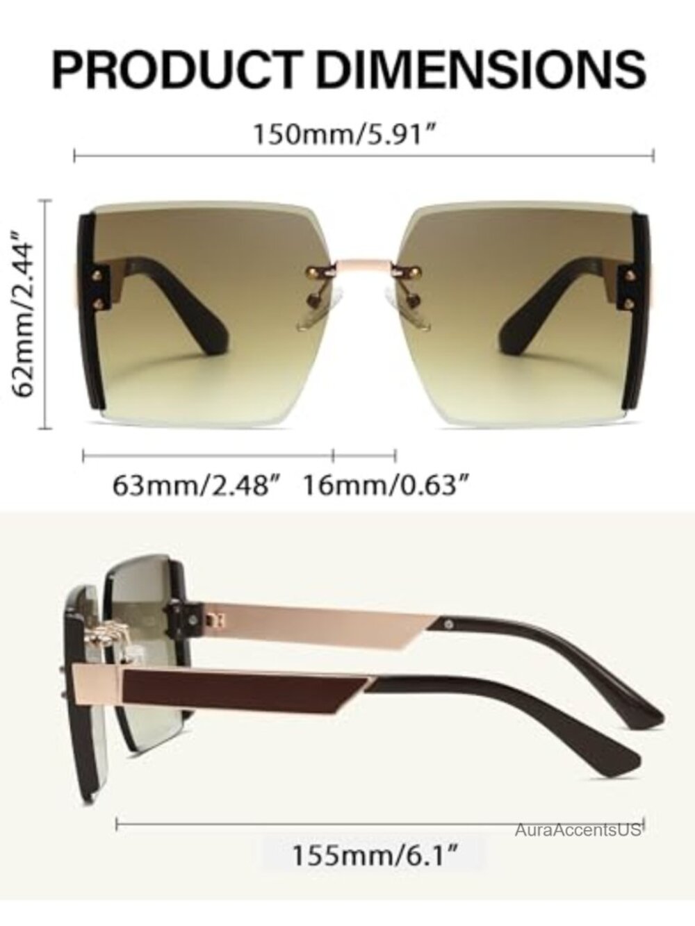 Oversized Rimless Square Sunglasses UV400 Protection Gradient Lens - Picture 3 of 6